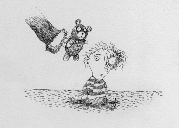 Teddy Land: Unwisely, Santa offered a teddy bear to James, unaware that he had been mauled by a grizzly earlier that year. (Tim Burton)