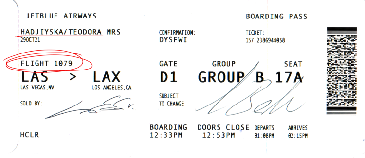 Flight 1079 boarding pass signed