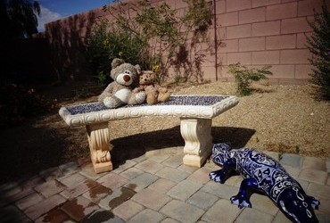 Our favorite bench with the Blue Nile crocodile - Las Vegas, Nevada