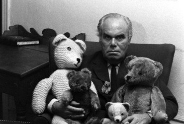 Unidentified man with his teddy bears, 1970.