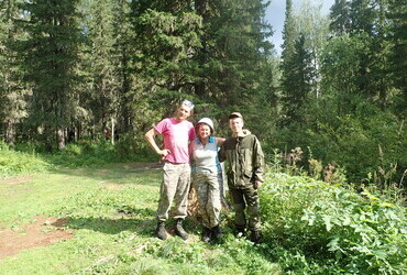 Artyom Palkin, Valentina Palkina, Andrey Milyutin at the "Kaska" ("Helmet") camp site