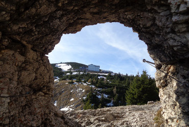 Chalet Ottohaus through rock window (Rax Alps)