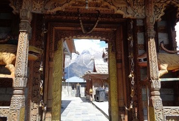 Hindu Temple, you can see Kinnaur Kailash through the door - Kalpa, Himachal Pradesh, India